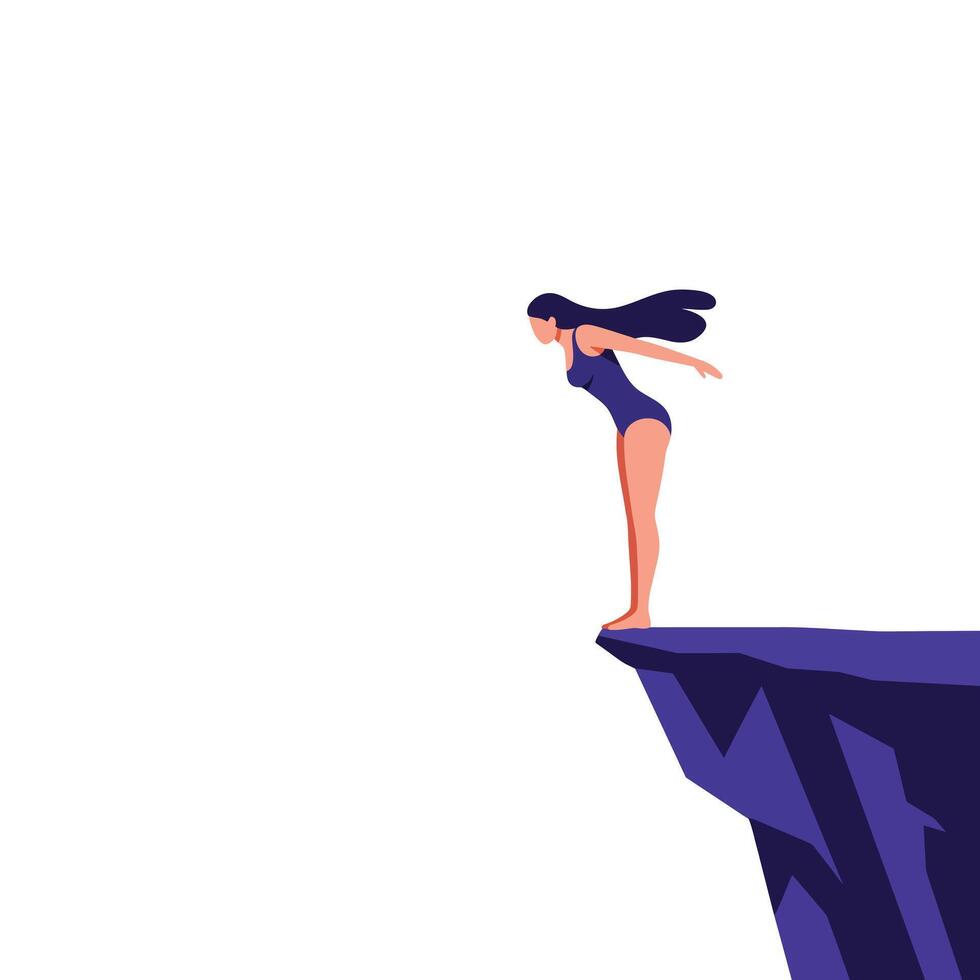 Woman poised to dive from cliff edge in minimal flat art vector