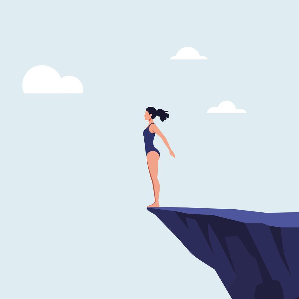 Woman poised to dive from cliff in flat illustration vector