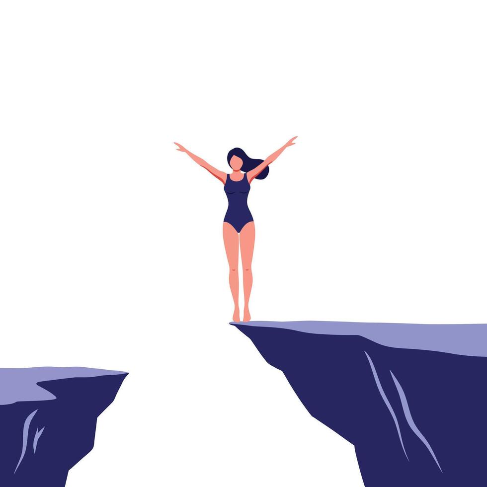 Woman diving from cliff edge in minimal flat design art vector