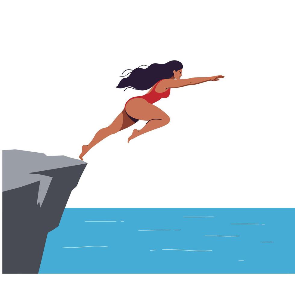 Woman leaping off a cliff into water in flat art vector