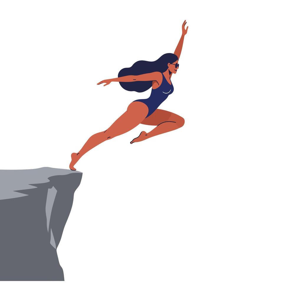 Woman leaping off a cliff in a flat illustration style vector