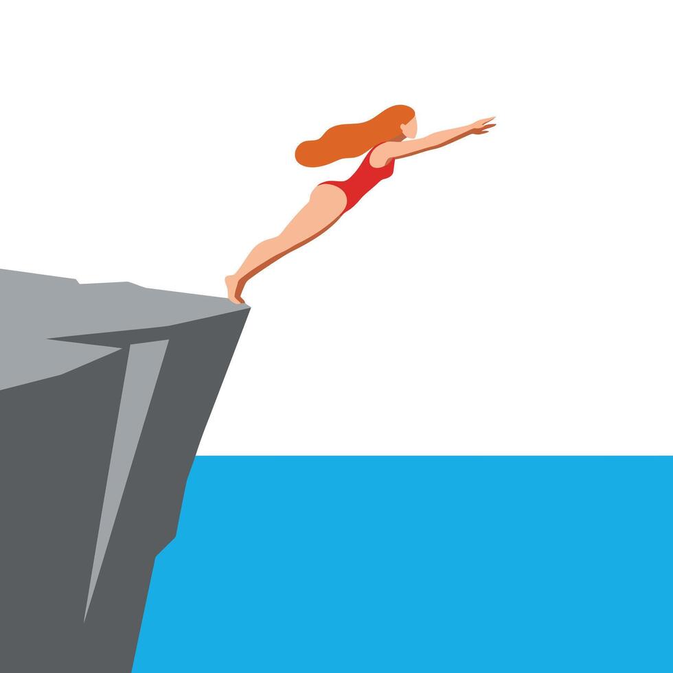 Woman diving off a cliff into the ocean in flat art vector