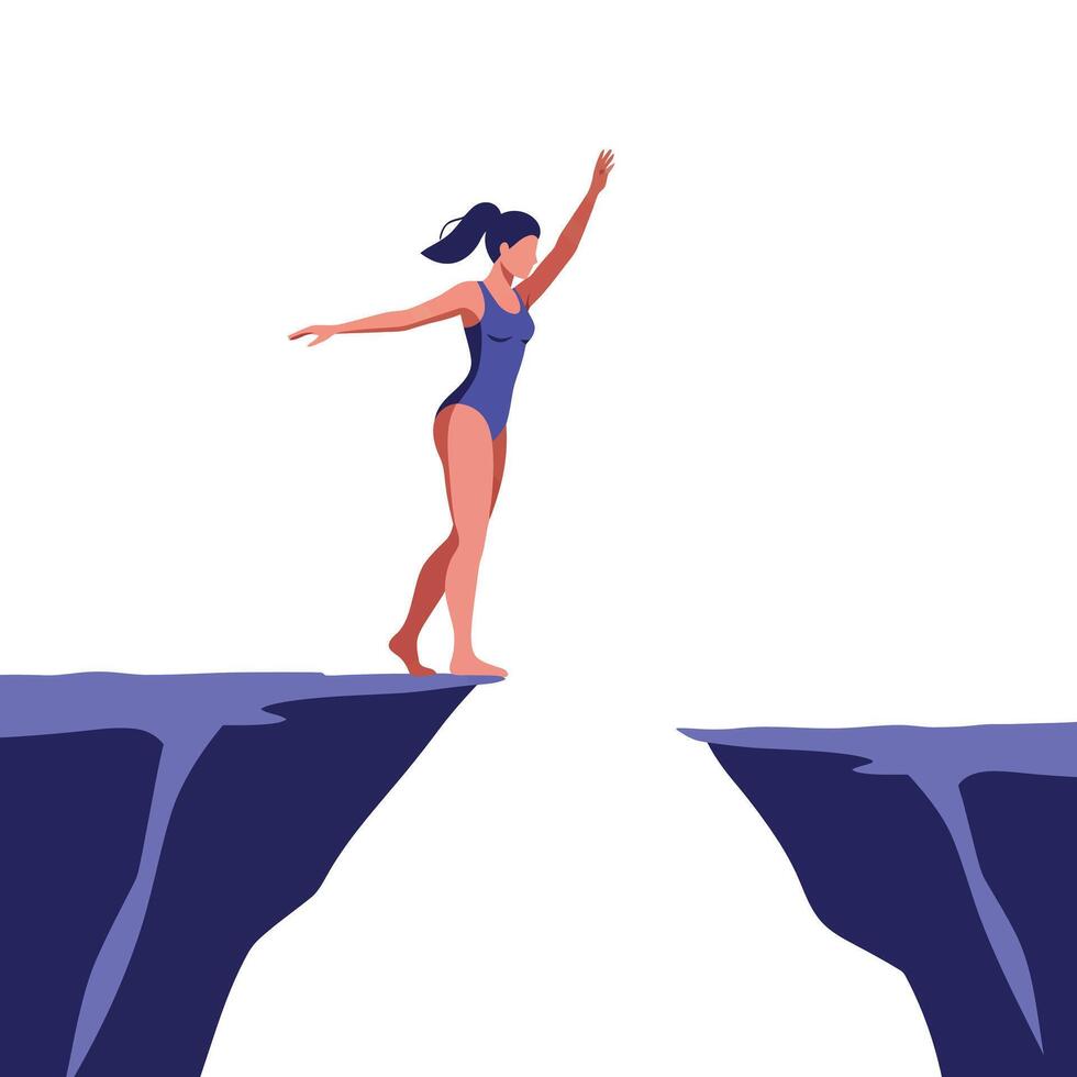 Female figure poised on cliff edge in flat design style art vector