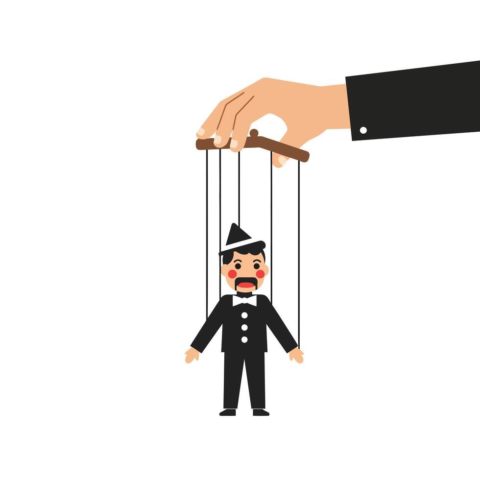 Hand controlling puppet character in flat design style illustration vector