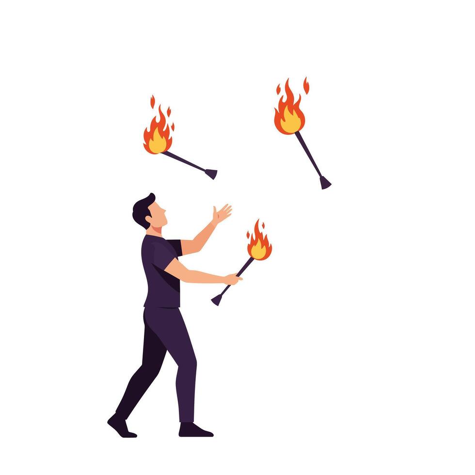 Juggler performing with fire torches in a detailed flat style art vector