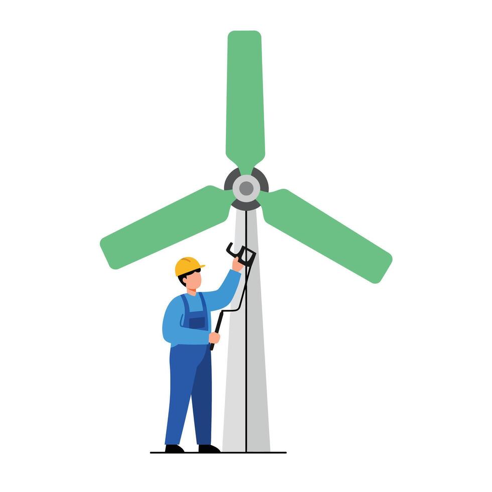 Wind turbine maintenance worker in flat style art vector