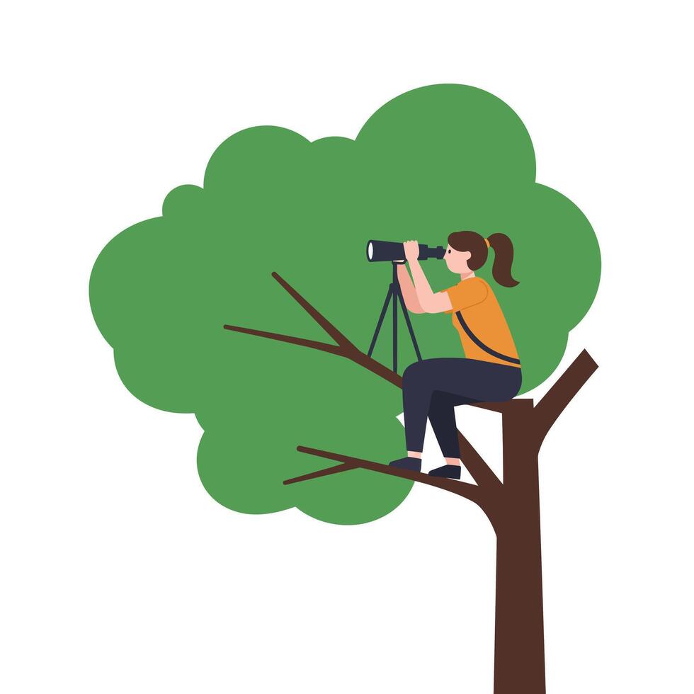 Woman observing nature from a tree branch in flat art vector