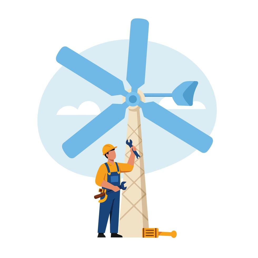 Wind turbine maintenance worker fixing blades in flat art vector