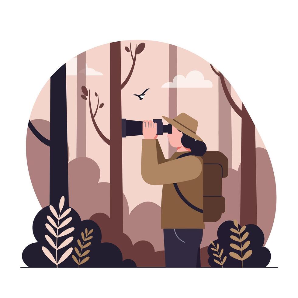 Nature enthusiast observing wildlife through binoculars in flat art vector