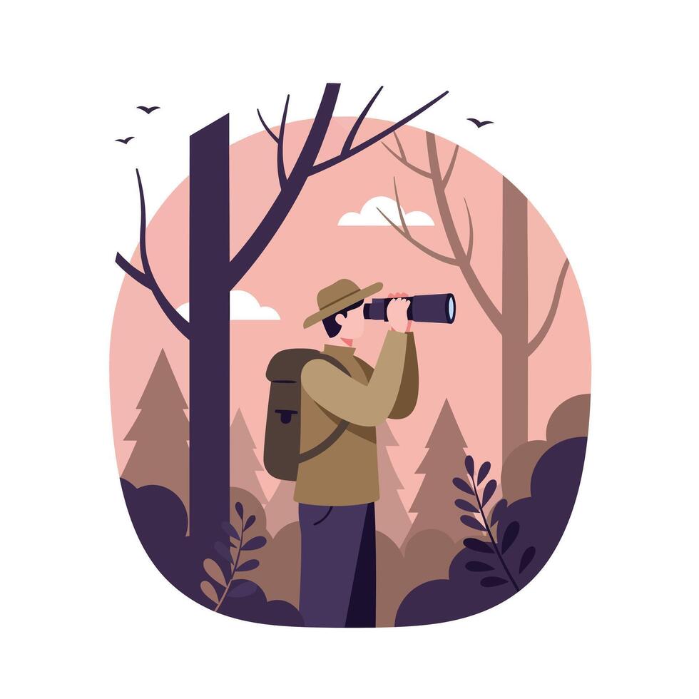 Man observing nature in a forest, minimal design style illustration vector
