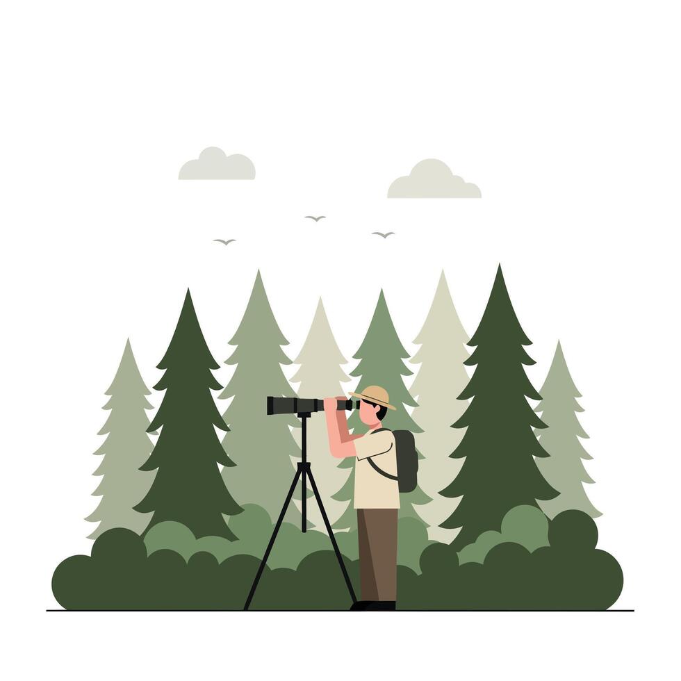 Man observing nature through telescope in detailed flat illustration vector