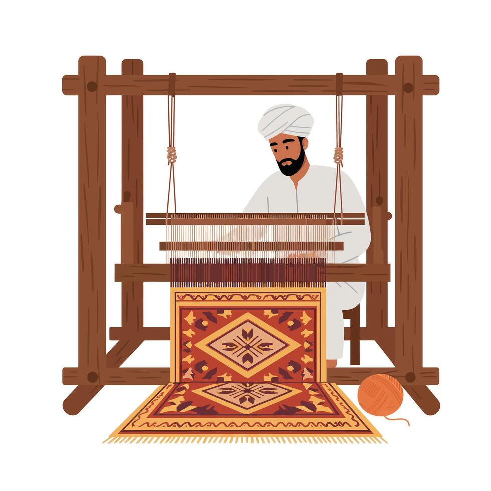 Weaver creating intricate patterned rug using traditional loom in flat art vector