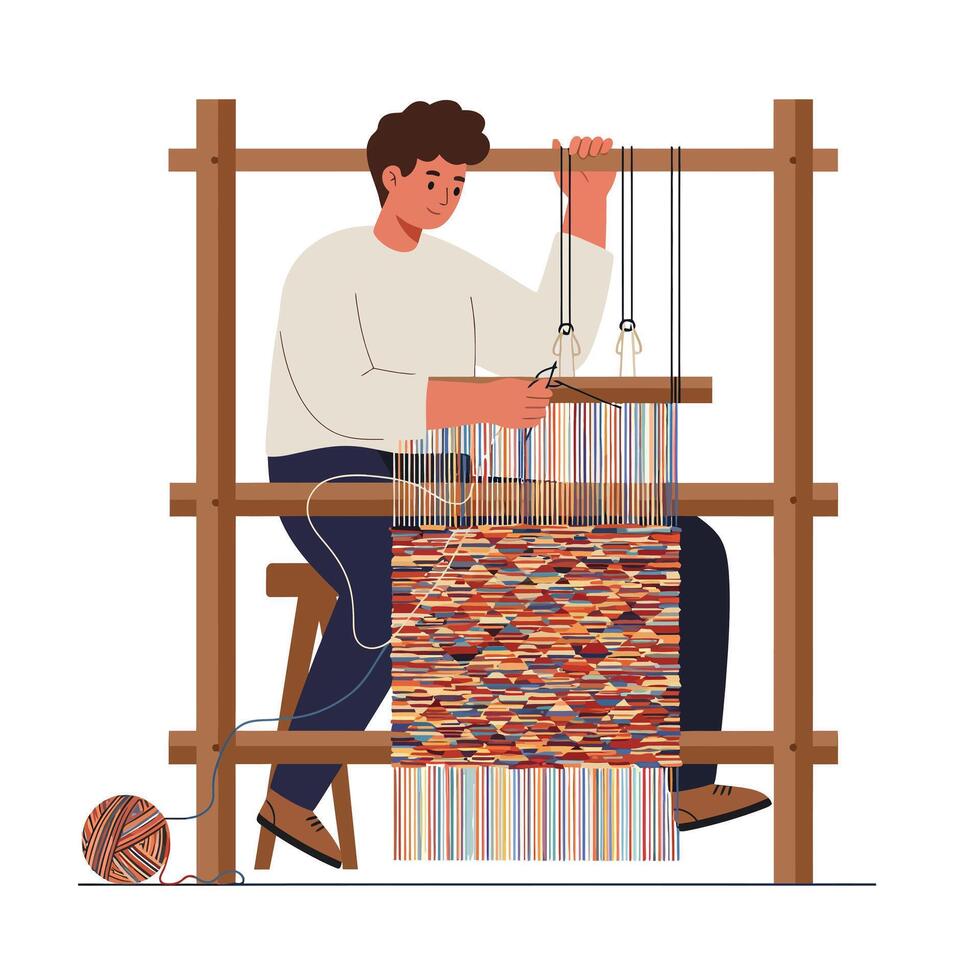 Weaver at Loom Creating Colorful Textile Design in Flat Art vector