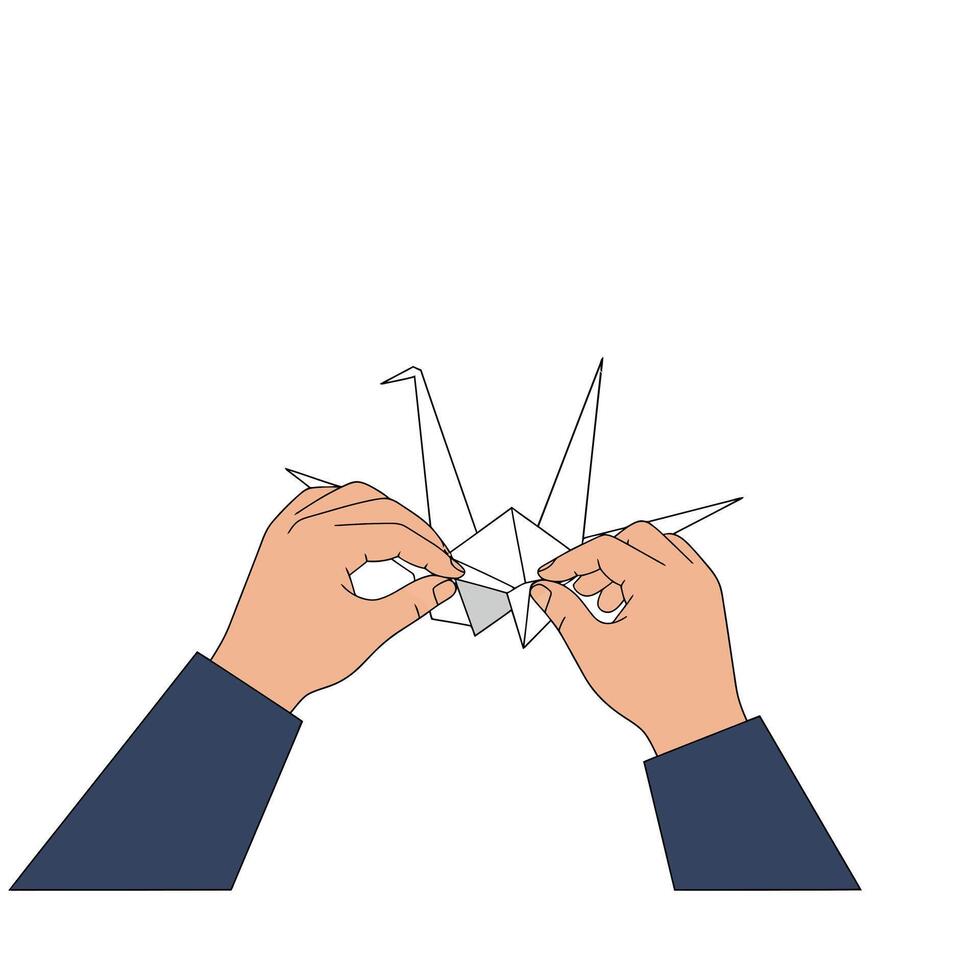 Hands folding origami crane in flat design style art vector