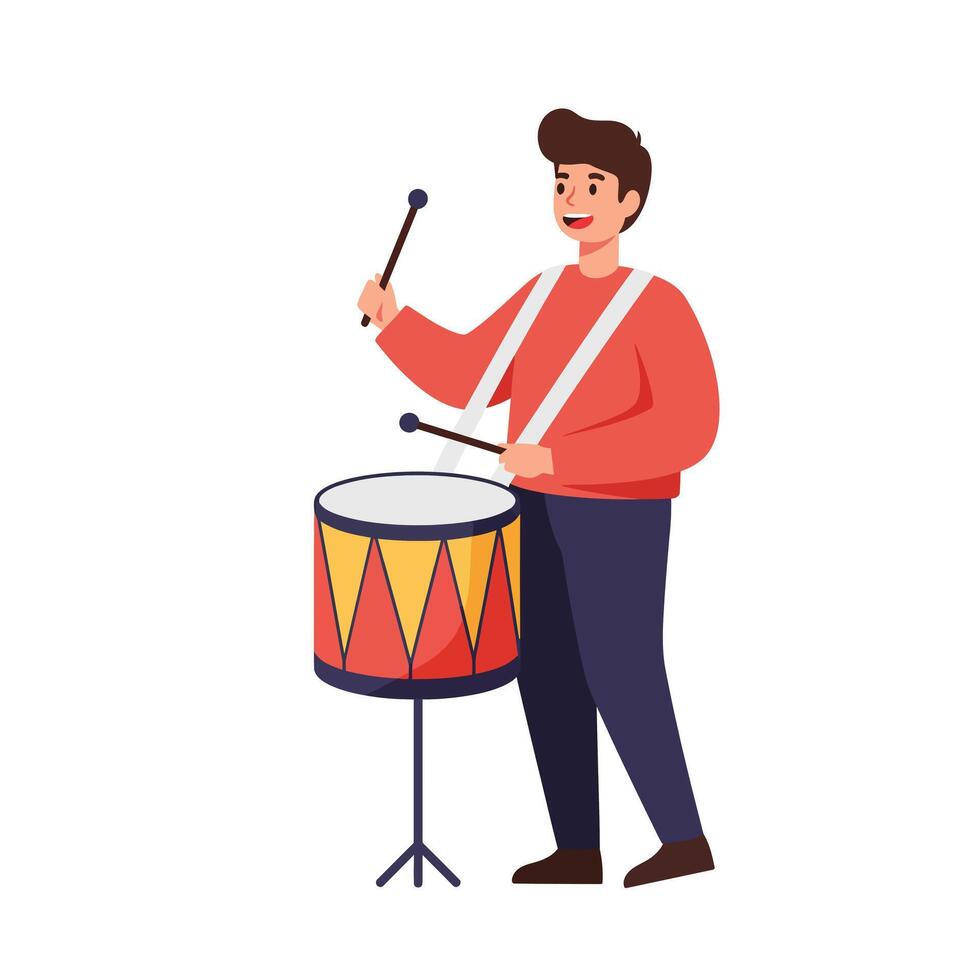Drummer performing with colorful drum in flat illustration style vector
