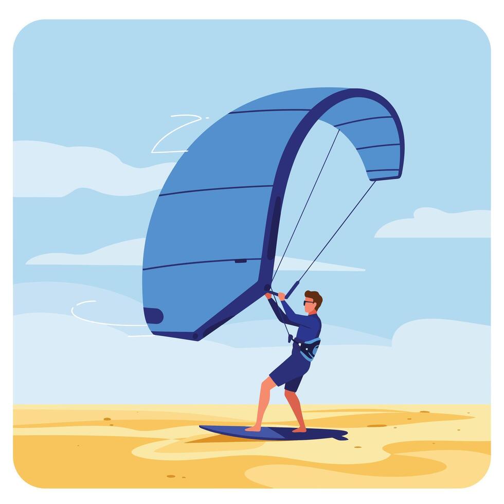 Kite surfer preparing to launch with blue kite in flat illustration vector