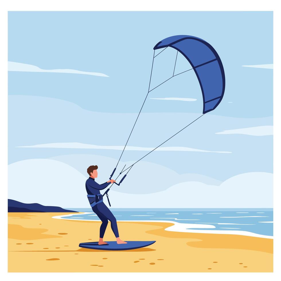 Kitesurfing action on the beach in a vibrant flat illustration vector