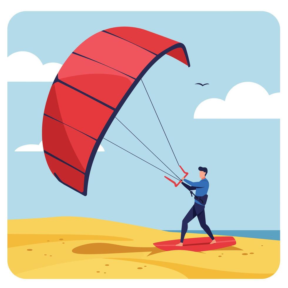 Paragliding adventure on sandy beach with minimal design style art vector