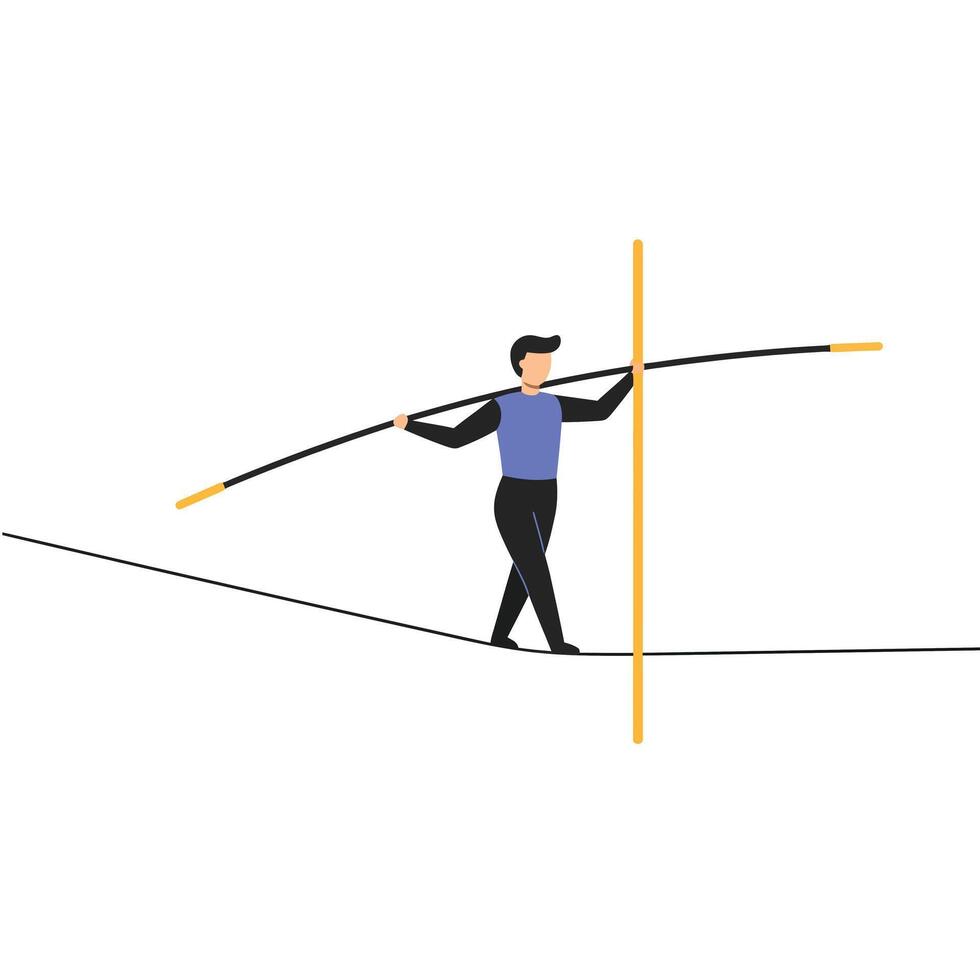 Person balancing on a tightrope with pole in flat art vector