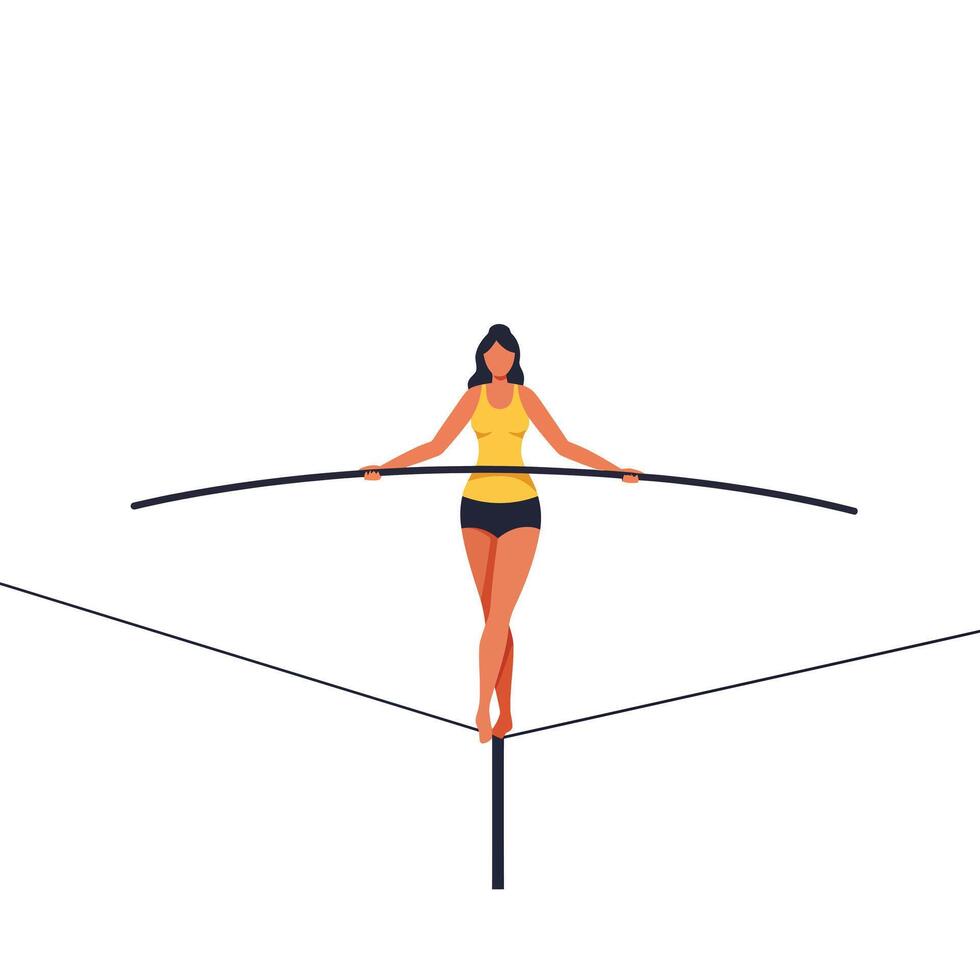 Balancing woman on tightrope in minimal flat art style for circus theme vector