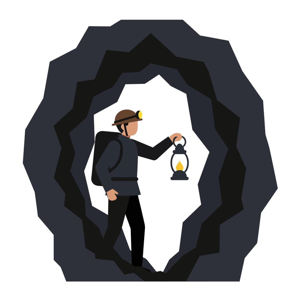 Miner holding lantern exploring dark cave in minimal art vector