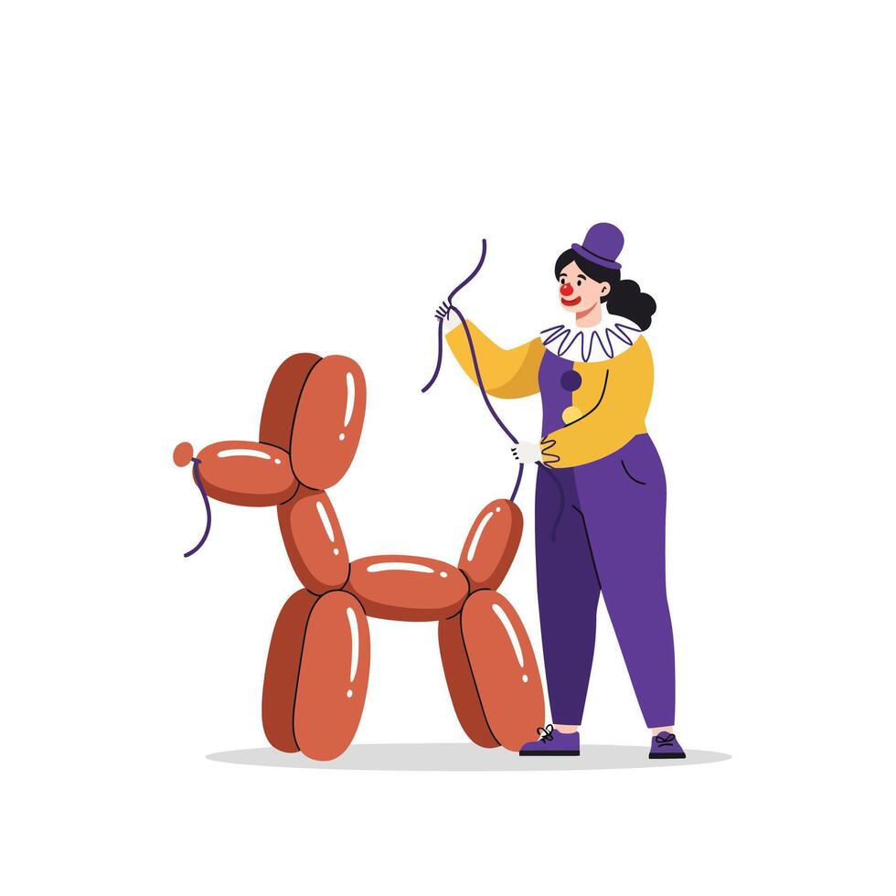 Clown creating balloon dog in colorful, playful style illustration vector