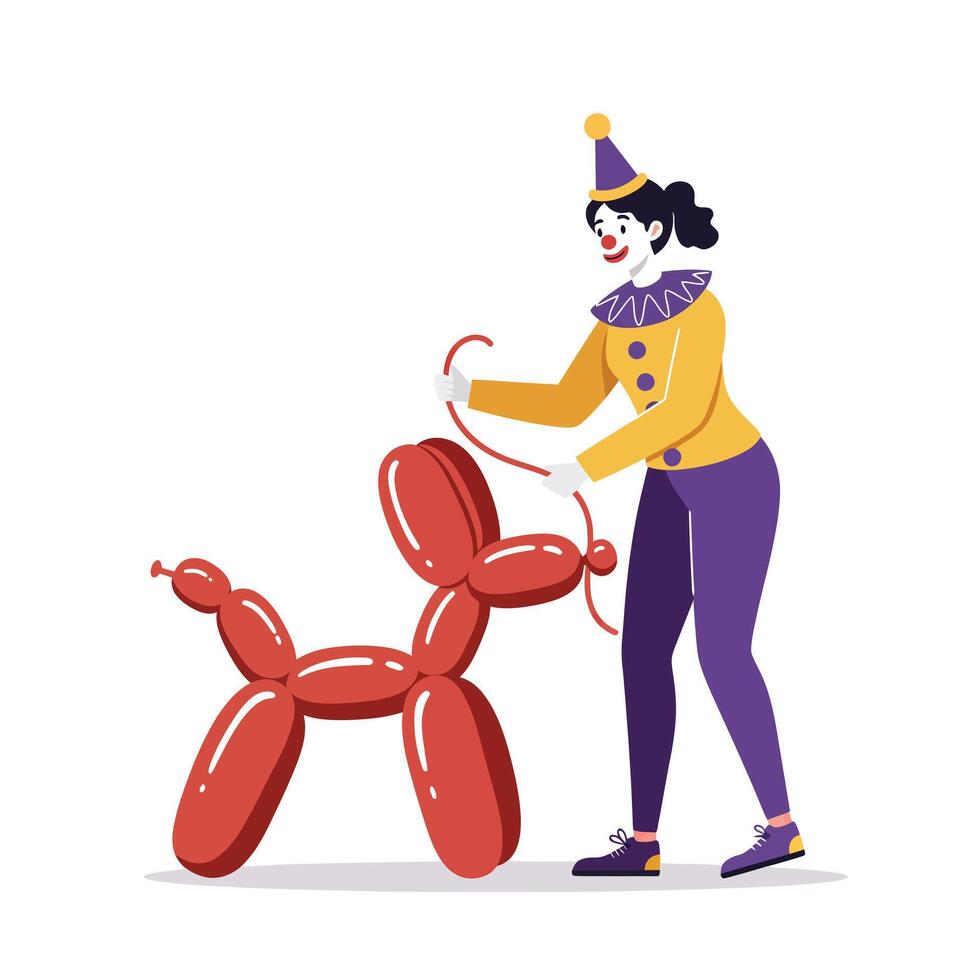 Clown creating a balloon dog in flat art style with vibrant colors and playful design illustration vector