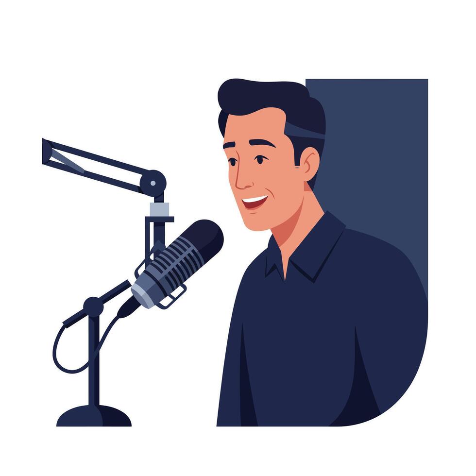 Young man speaking into microphone in flat illustration style vector