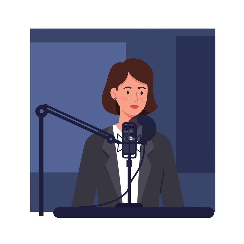 Woman speaking at a microphone in a professional setting flat art vector