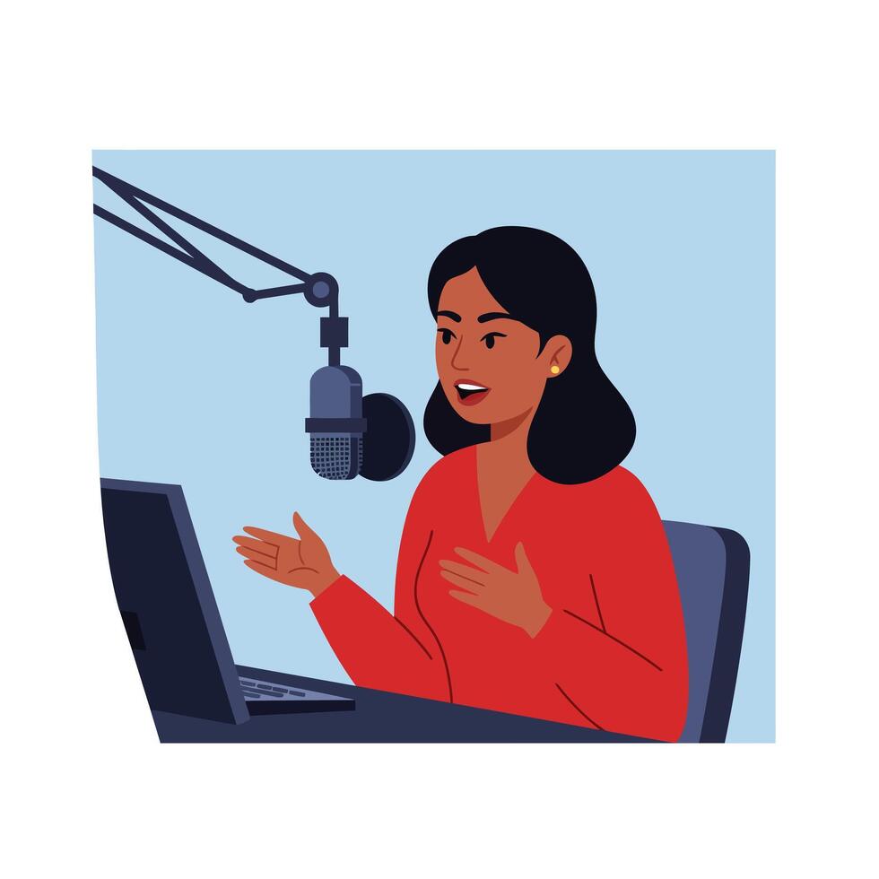 Woman speaking into microphone at desk in flat art vector