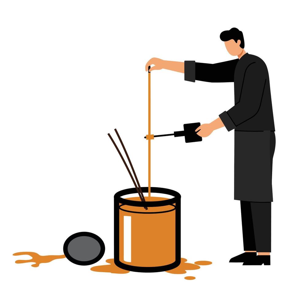 Person pouring liquid from container into stick while creating detailed flat art vector