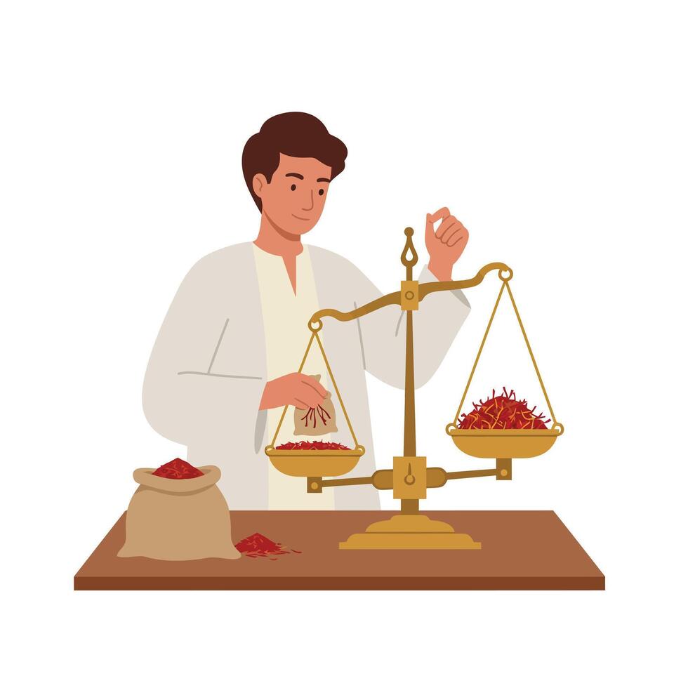 Man weighing spices with a balance scale in flat art vector