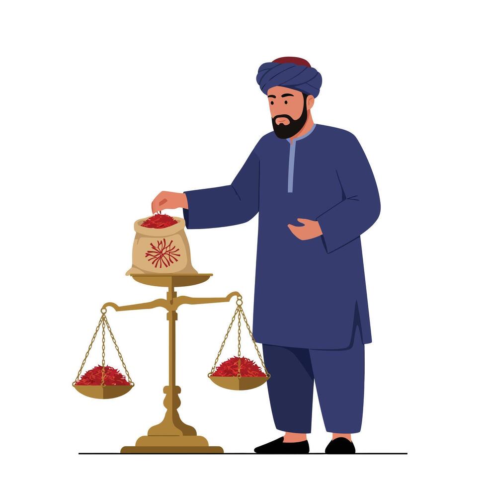 Man weighing spices on a balance scale in flat art style vector