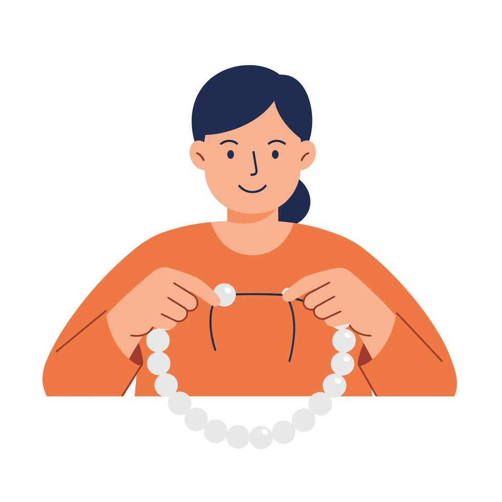 Person assembling a necklace with beads in minimal flat design art vector