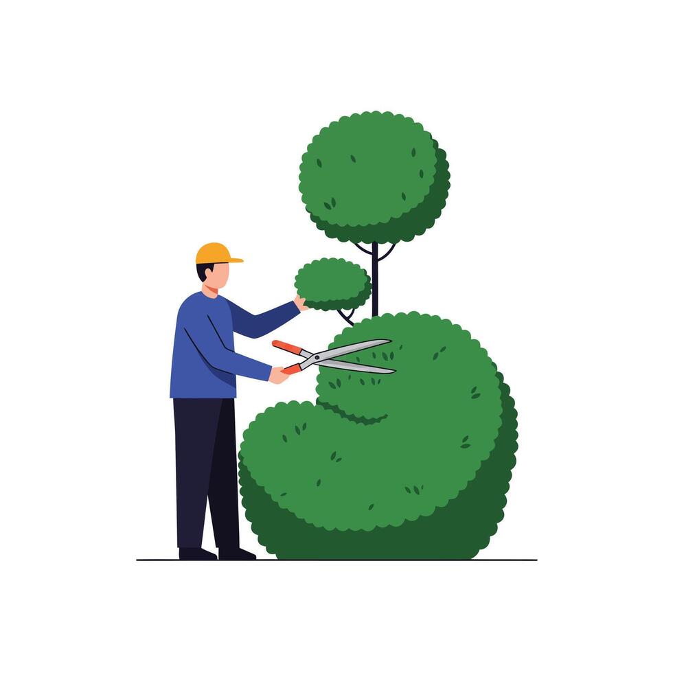 Gardener trimming bushes in a detailed flat illustration of tree maintenance vector