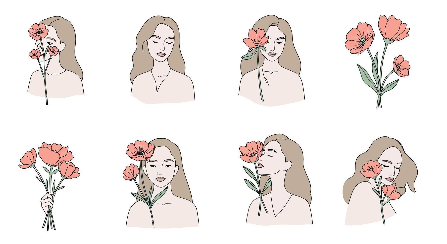 Woman holding flowers in various poses with flat and minimal design illustration vector