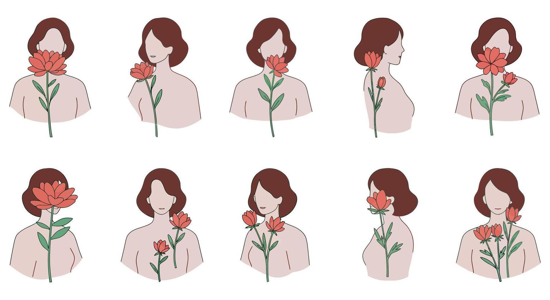Woman holding flowers in various poses and expressions in minimal art vector