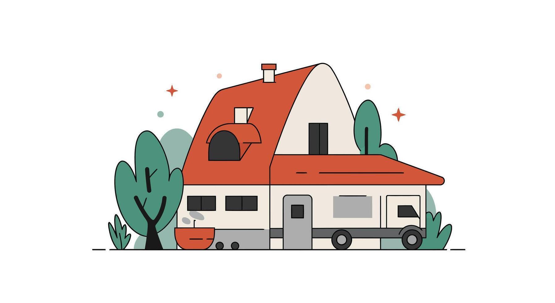 Cozy house with red roof and green trees in flat art style illustration vector