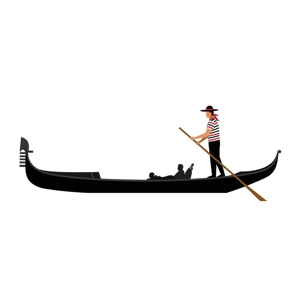 Gondola with gondolier in striped shirt, flat design, art vector