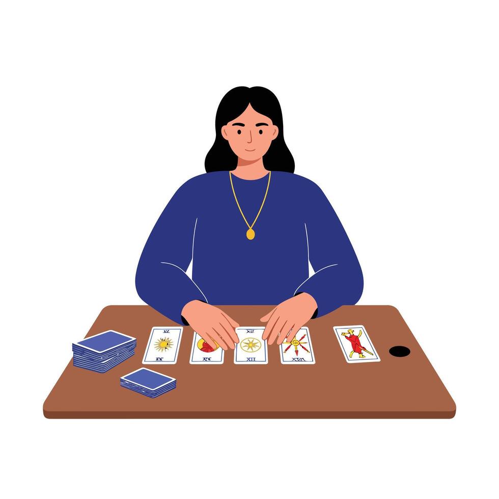 Woman reading tarot cards with detailed flat design style illustration vector