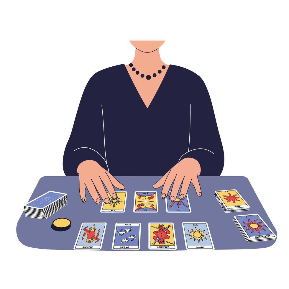 Tarot card reading session with detailed flat design art illustration vector