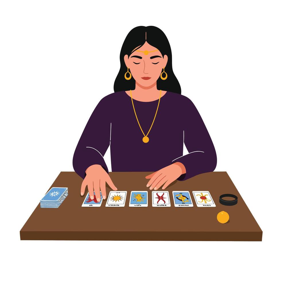 Woman reading tarot cards in flat style art with colorful illustrations and detailed elements vector