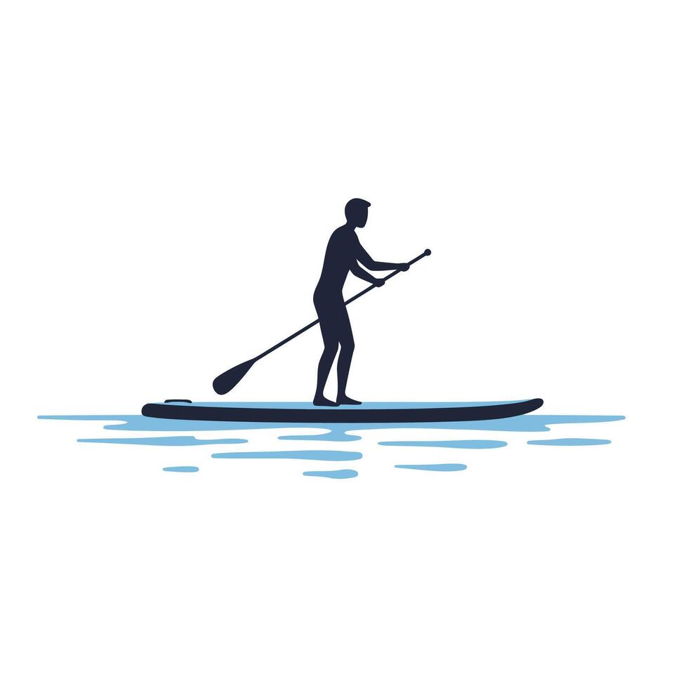 Paddleboarder silhouette on calm water in minimal flat art vector