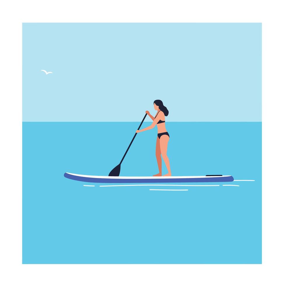 Woman paddling on a stand up paddleboard in flat art style illustration vector