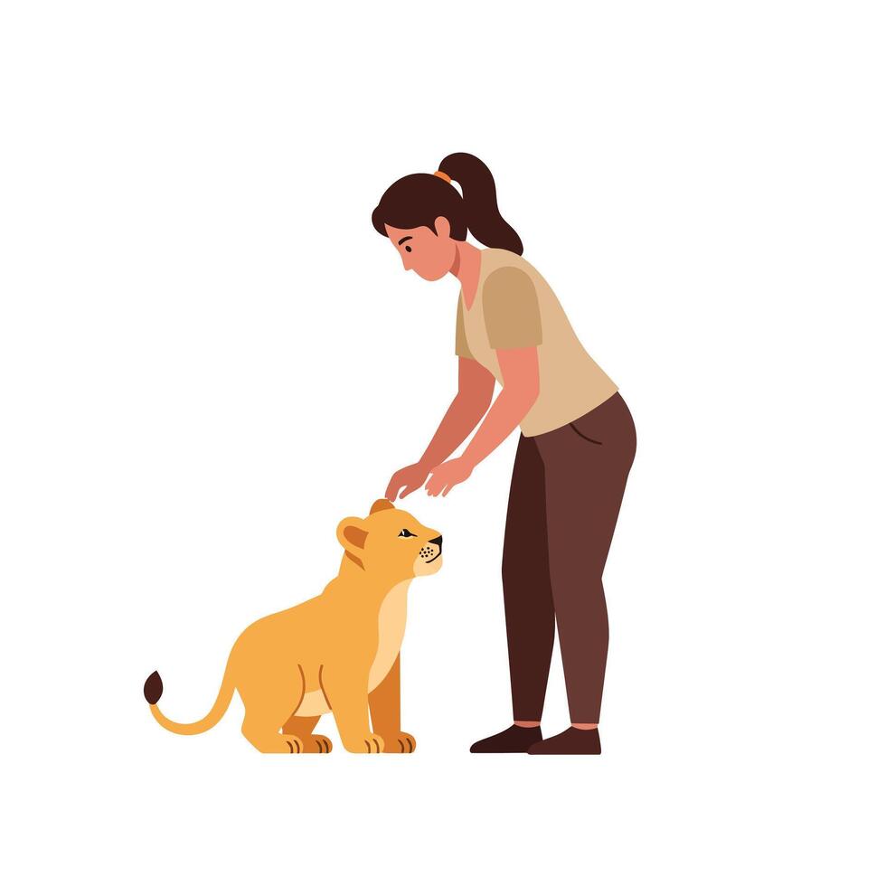 Woman interacting with a young lion in a flat and colorful illustration vector
