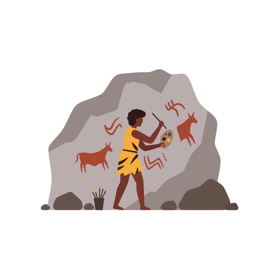 Prehistoric human creating cave paintings in flat art style revealing ancient storytelling techniques through visual expressions vector