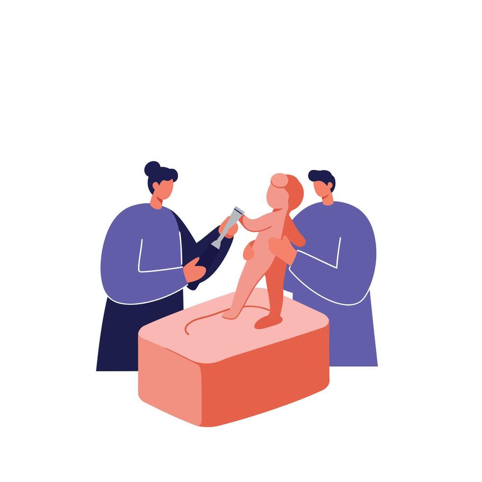Sculptors creating a statue with tools in flat minimal art vector