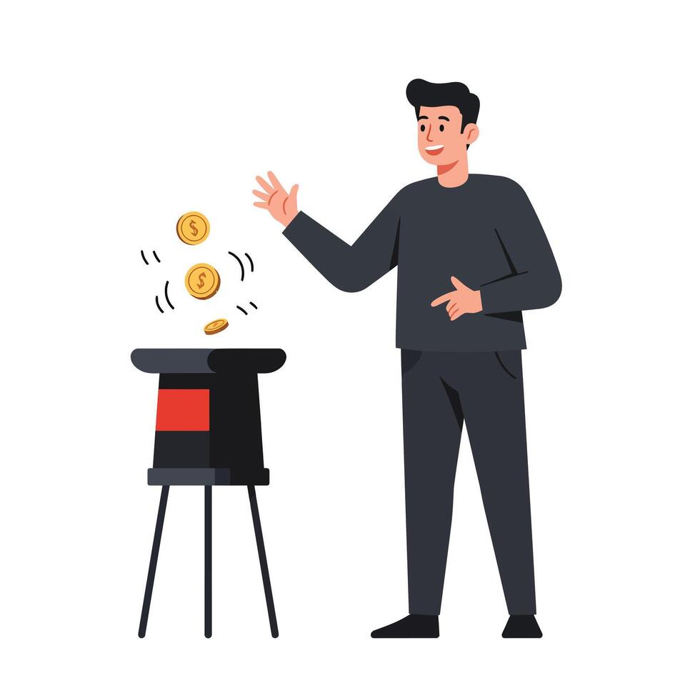 Man performing magic trick with coins using flat illustration art vector