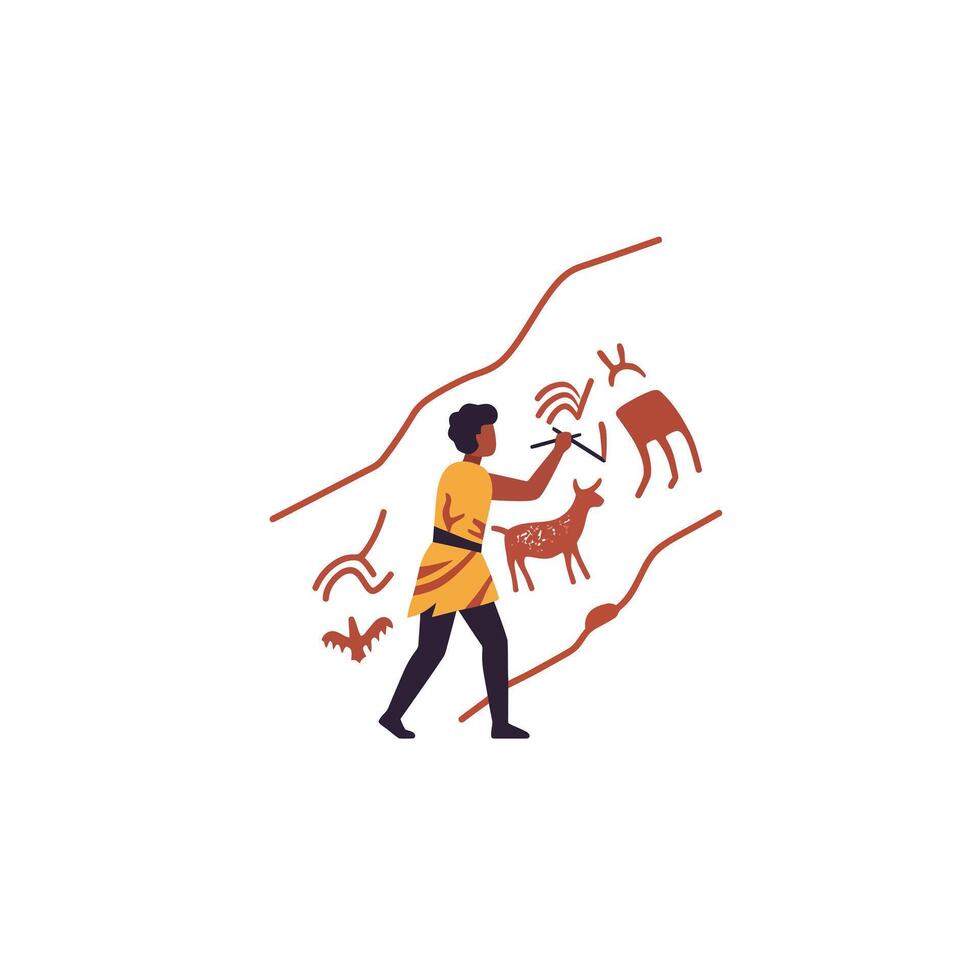 Human figure creating ancient cave art in flat illustration style vector