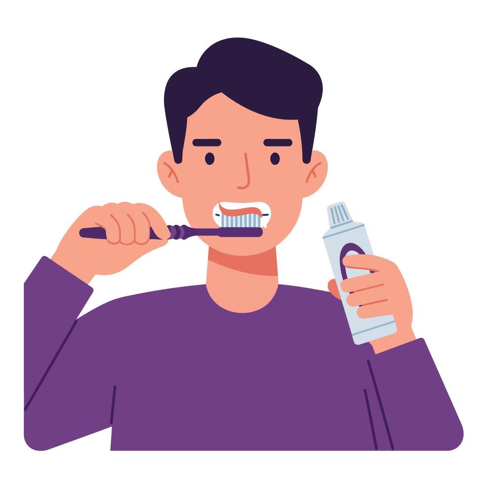 Person brushing teeth with toothpaste in minimal flat design illustration vector